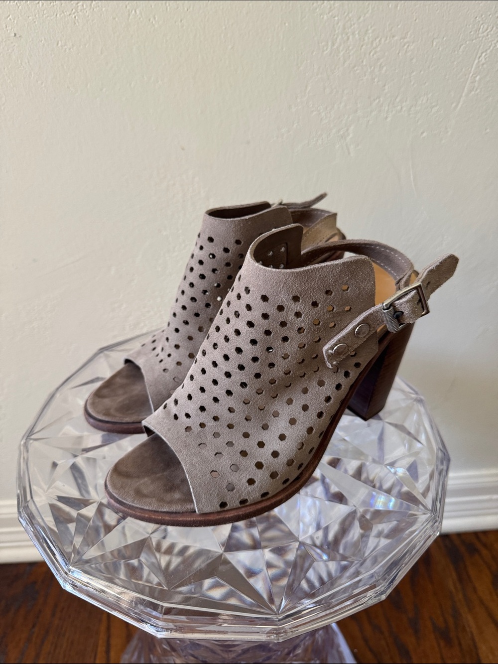 rag & bone Taupe Perforated Suede Peep-Toe Block Heel Sandals